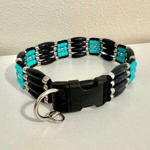 Black and Turquoise Beaded Handmade Dog Collar 19”